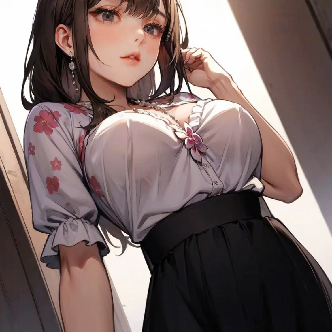 Female 26 years old,housewife,Sunlight,put on lipstick,light brown short curly hair,Tie a ponytail on the left side,Slightly plump,half moon earrings,Close-up photo of face,Home apron,There is a grain in the corner of the eye。