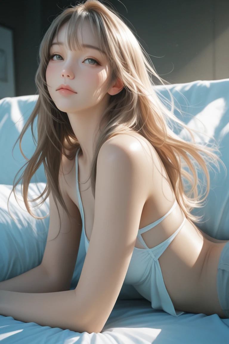 (best quality: 1.4), high resolution, masterpiece, 4k, ultra detailed, masterpiece, very beautiful girl, sexy blonde, long hair, ponytail, blue eyes, expressive eyes, detailed skin, realistic skin texture, texture , detailed eyes, beautiful woman, lilac bra, tail cover