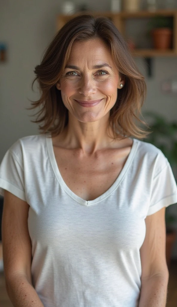 8k wallpaper, masterpiece, Highest quality, Very detailed, One Mature Woman, 50 years old, Become very clear, Wearing a short-sleeved knit, Skin dents, Captivating smile, Looking at the audience, No lapel microphone, Plump, Curvaceous, Attractive face, Smiling with teeth showing, I was happy, sitting in a cafe, Background Blur