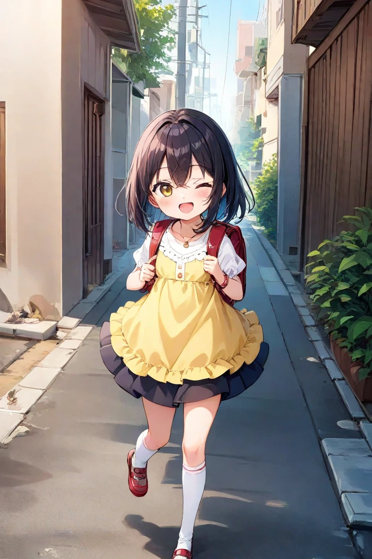 Anime characters in Japan(chibi girl、smile、kimono、butterfly hair ornament)There is a manhole cover with a、colorful