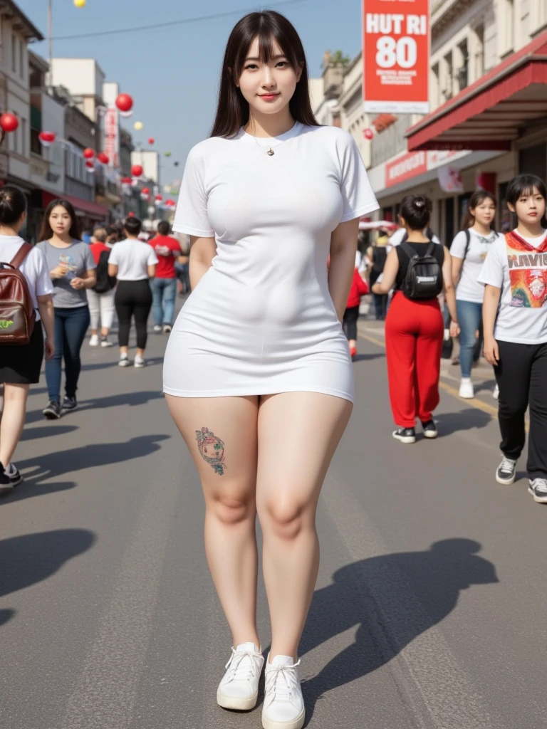 (Canon RF85mmf/1.2,masterpiece,Highest quality,Ultra-high resolution)((Beautiful Curvy Naked Woman 24 Years Old Solo)) ((Highest quality、8K、masterpiece))((Photogenic quality:1.5))Plump body、((Plump round face))((A happy smile showing teeth))Super detailed face、(Beautiful face with droopy eyes)(A full-body figure standing naked from the waist down, wearing only a T-shirt:1.5))((Accurate human body depiction:1.5))、Plump thighs、Depiction of wet female genitalia、Blonde straight hair、On an empty city street、Dazzling midsummer sunlight、