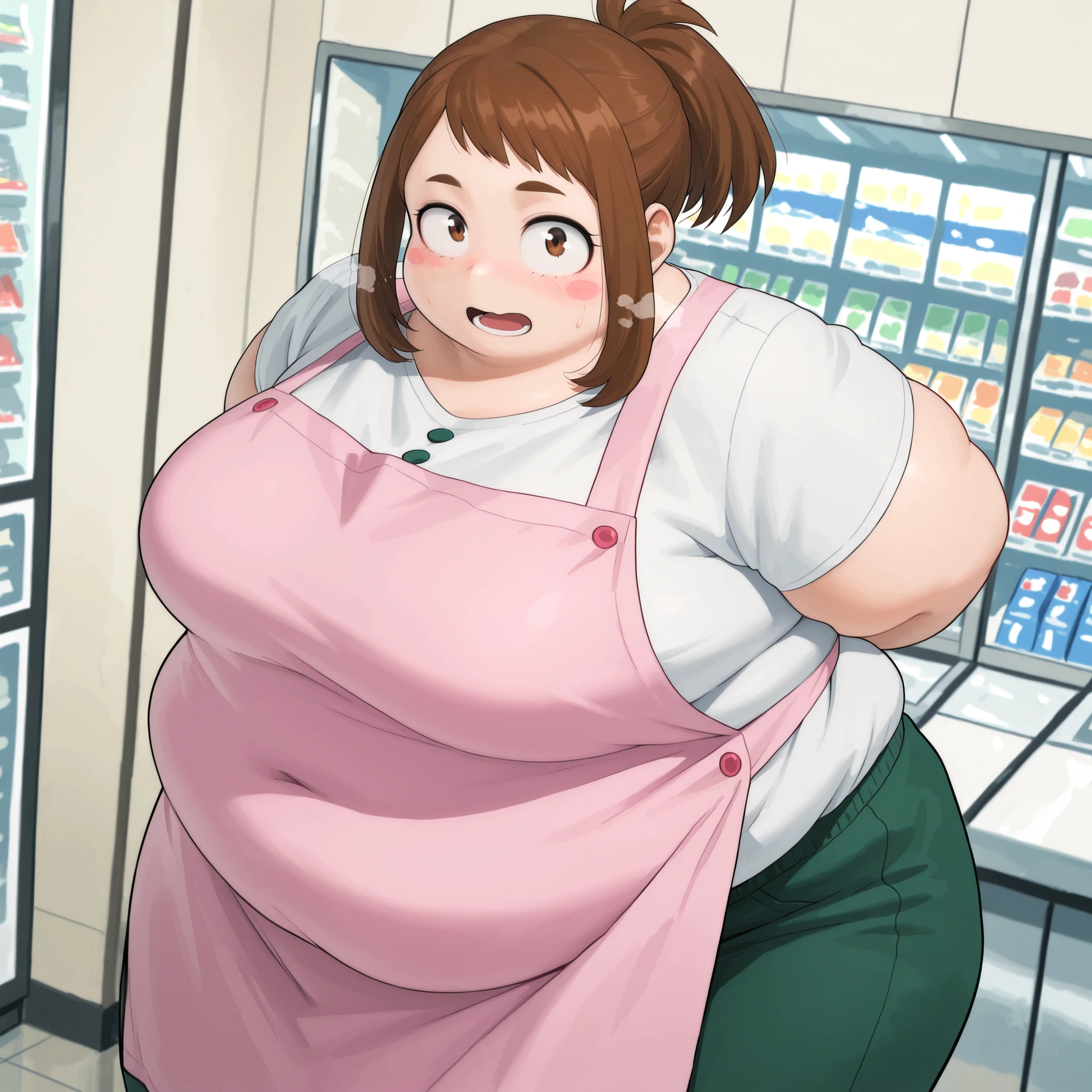 high resolution picture, masterpiece, best quality, amazing quality, official art, 1girl, Ochako Uraraka from My Hero Academia , ochako uraraka, brown eyes, brown hair, short hair, blush, blush stickers, medium breasts, source anime, anime coloring, BREAK (curvy), ponytail , indoors, convenience store, shop, arms behind back, dutch angle, sanpaku, apron, leaning forward, looking at viewer fat, chubby, obese, gigantic arms and legs, large breasts open mouth, out of breath