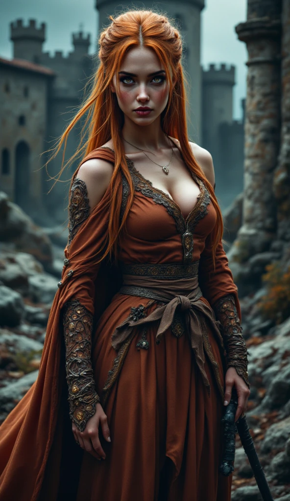  Calista Razvish is a woman of impressive stature ,  with an athletic build, side cut radiating a mixture of strength and elegance .  } Her reddish-brown hair falls right with her bangs, slightly covering her left eye,  framing her dark pocket eyes, who, Seems, contains a whirlwind of suppressed emotions .  Her skin is clear with a subtle autumnal glow ,  giving her a warm, but a dangerous aura .  bare breasts, nipples in detail,She also has athletic hips . smile, temple in the village , evening,  area, torches

 Her outfit reflects an elegant fall aesthetic :  burgundy dress of honor with gold details and embroidered leaves , that emphasizes her pronounced neckline .  The dress skirt has a, that provides mobility ,  complemented by tall dark brown leather boots .  She wears a decorative belt with a buckle in the shape of a dry leaf and a short velvet layer in amber tones.  Her accessories include gold bracelets and earrings in the shape of long branches . 