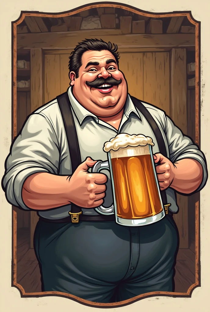 Generate a stereotypical cartoon image of a german man. He should be fat and holding a huge glass of beer with foam on top.