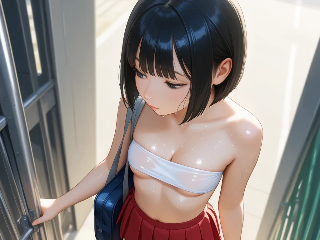(8K、RAWE Photo、highest quality、masterpiece:1.2)、(real、photorealistic:1.37)、1 beautiful Japan schoolgirl、perfect body、18-year-old、Sexy schoolgirl uniform、Medium Boob:1.8、(Photographing the subject from below)、(((hanging breasts, underboob、Are thin)))、underboob、oily skin:1.5、thin、 (Sexy uniform with a slight view of the underside of the chest)、((目に見えるunderboob、Uniform with visible ribs and belly button))、Super miniskirt visible、((look at the audience))、Open your mouth and smile