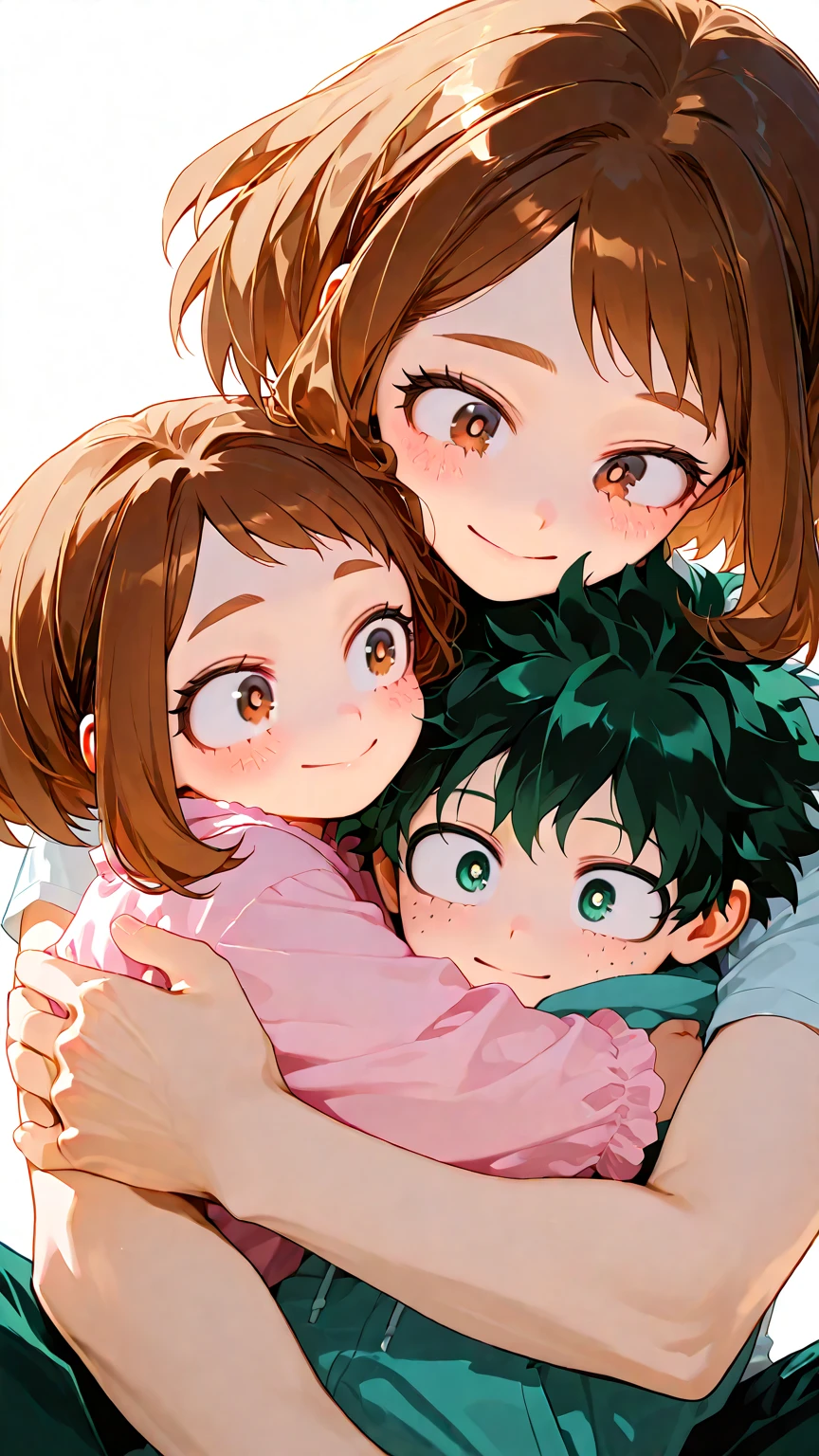 A woman, who is already a mother of two children, the oldest is 8 and the youngest is 4, She is brown-haired and very pretty, wears a hero suit, She has her hair tied back in a ponytail, His expression is gentle and he shows a lot of affection for his children., young, blue eyes, anime style