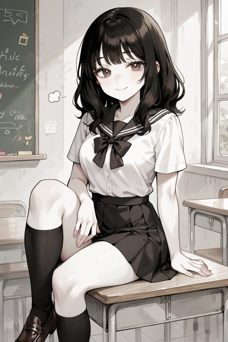 Create a cute tsundere with black hair, sexy tsundere face, pale skin, black school clothes, toned legs, legs thick