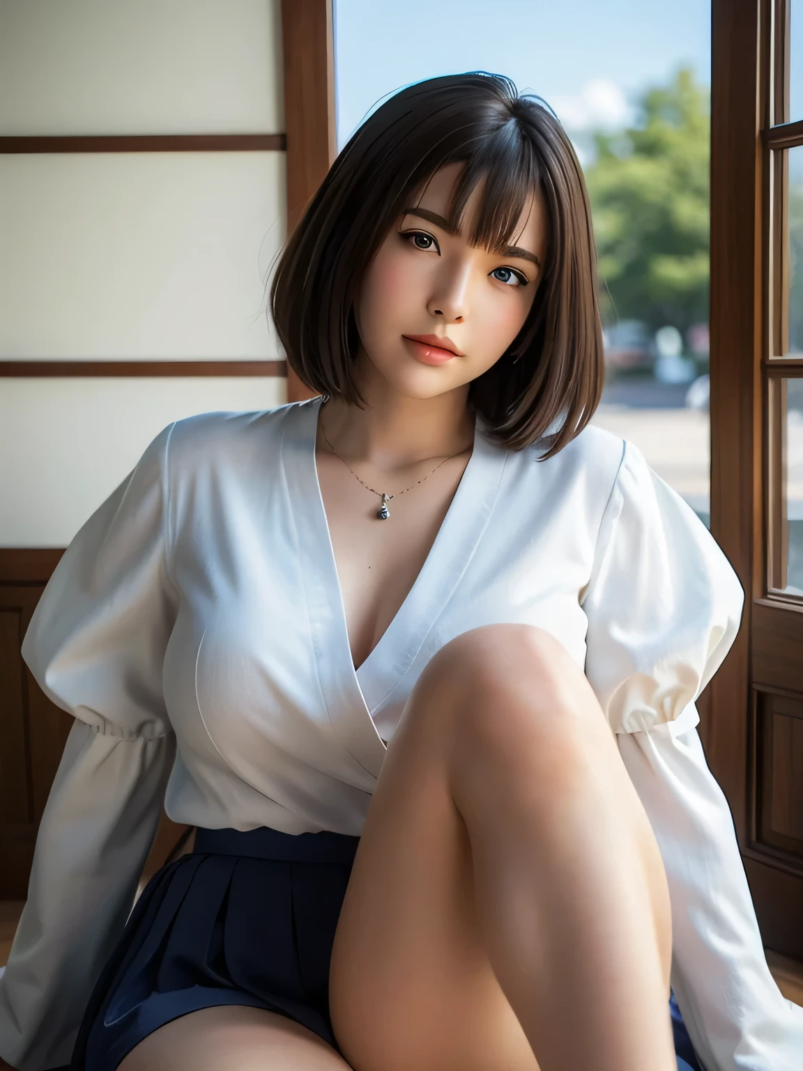 8K、Raw photography。top-quality、hightquality、Extreme Detail Photography、Eye for extreme detail、Super Detail Face、Hair in super detail、Super detail body、(dark alley:1.3)、1girl in、Puffy eyes、big eye、Eyes in good shape。Brown-eyed、dark brown short hair、good lips、Small lips、(Big Breast 1.3)、good breasts、Natural makeup、bra very、Blouse、skirt by the、crouching down、Open your crotch、panties on、Crotch panties exposed、half-squat、