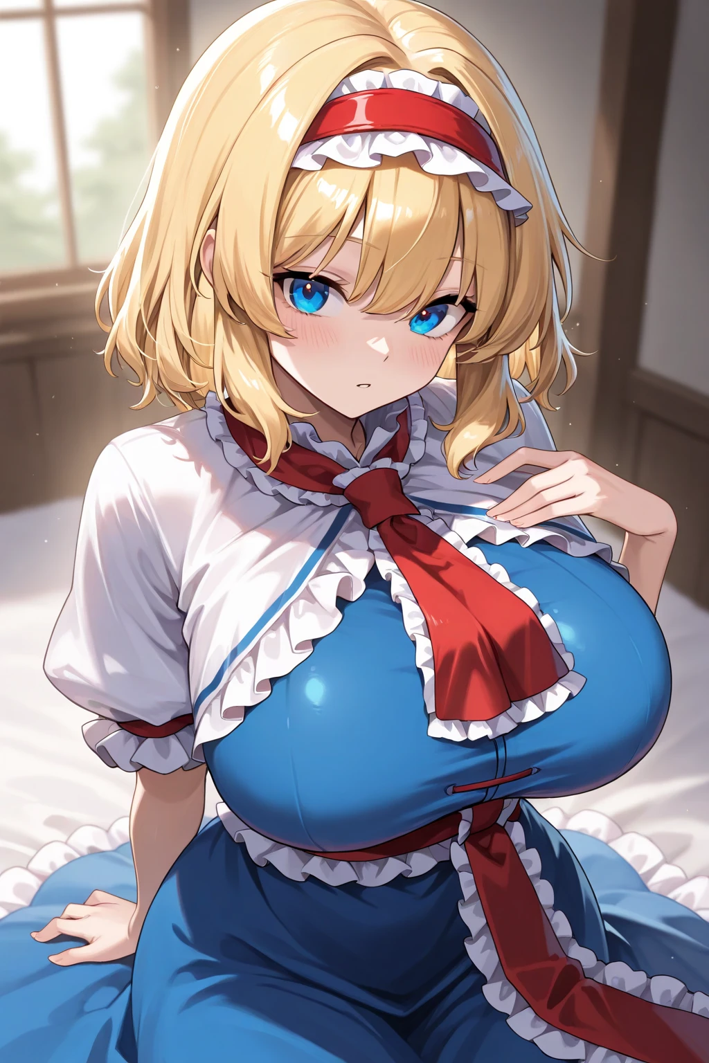 masterpiece, best quality, artist:fukuro_(maruaru00), 1girl, solo, alice margatroid, blonde hair, short hair, hairband, blue dress, red ties, white capelet, large breasts, pencil skirt, standing, grabbing her breasts, upper body, infront of viewer