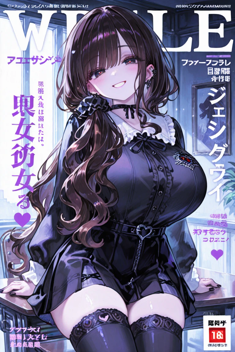 1 girl, small nose, very beautiful detailed face and eyes, bright colors, cute face, delicate beautiful face, Bright magenta eyes, cute eyes, sparkling eyes, Big eyes, (big breasts:1.3), (perky chest:1.1), (pointed chest:1.0), (cake magazine cover:1.3),highest quality, WorKs of masters, High resolution,BlacK color hair,shiny hair, side ponytail,hair between eyes,bangs, (black jacket, real clothes, cleavage, black skirts, black thighhighs, thigh strap, fingerless gloves, single glove:1.2) , spread legs, panties shot, medium hips, glamorous body, white skin, smile, thin pubric hair, super beautiful face, Super beautiful eyes, Super beautiful hair,trendy outfit,sexy and attractive,full body esbian, Real World, Natural light,perfect Natural light,(with sparkling eyes and a contagious smile), This masterpiece is not only visually stunning but also tells, make of cake cooking , in the kitchen, open mouth, looking at viewer,