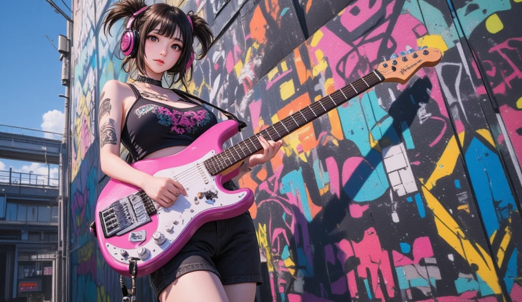 Realistic:1.2, Rocker girl in leather jacket,Slim figure、Normal bust size、 highly Realistic photograph, Full Body Shot, 12 electric guitars, Spiked clothing,White tank top、Navel exposed、Low-rise leather shorts,tattoo,Earrings Dark lipstick, blue eyes,Pink twin tail hair,Black Ribbon, Beautiful and perfect legs, Confident expression, Punk Style ,Dynamic pose, Dynamic Lighting, Colorful Stage,Colorful stage lighting,