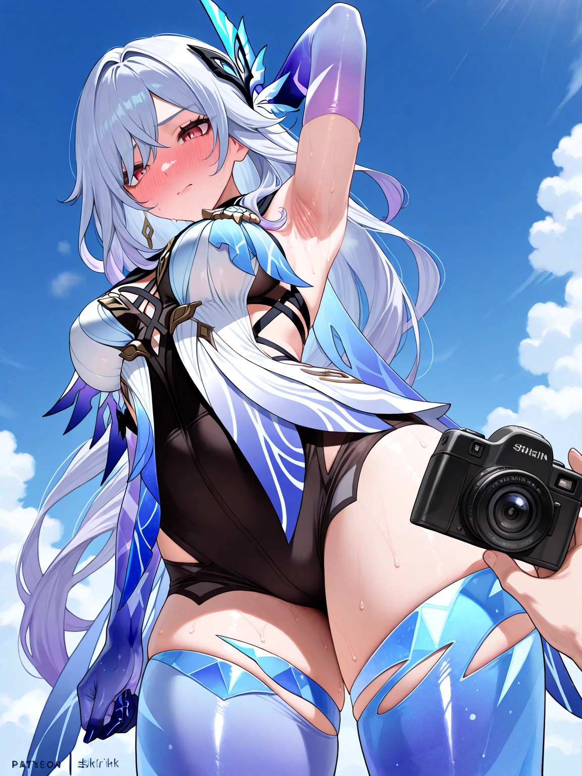 Typhon| Arc Knight, micro bikini, Masterpiece, best quality, 1 woman,25 years old , big, Big breasts, My hair is very long., headband, purple hair, conjunctivitis, proportion body, proportion, show your , Water set, This micro bikini,micro mini bikini, Lying on the beach with exciting challenges, Not clear. ,only, beautiful sea, The sky is beautiful, Looking at the audience from the front, thigh strap, tilt your head, bored, 10, 10, high resolution, Expressing anger, angry, 