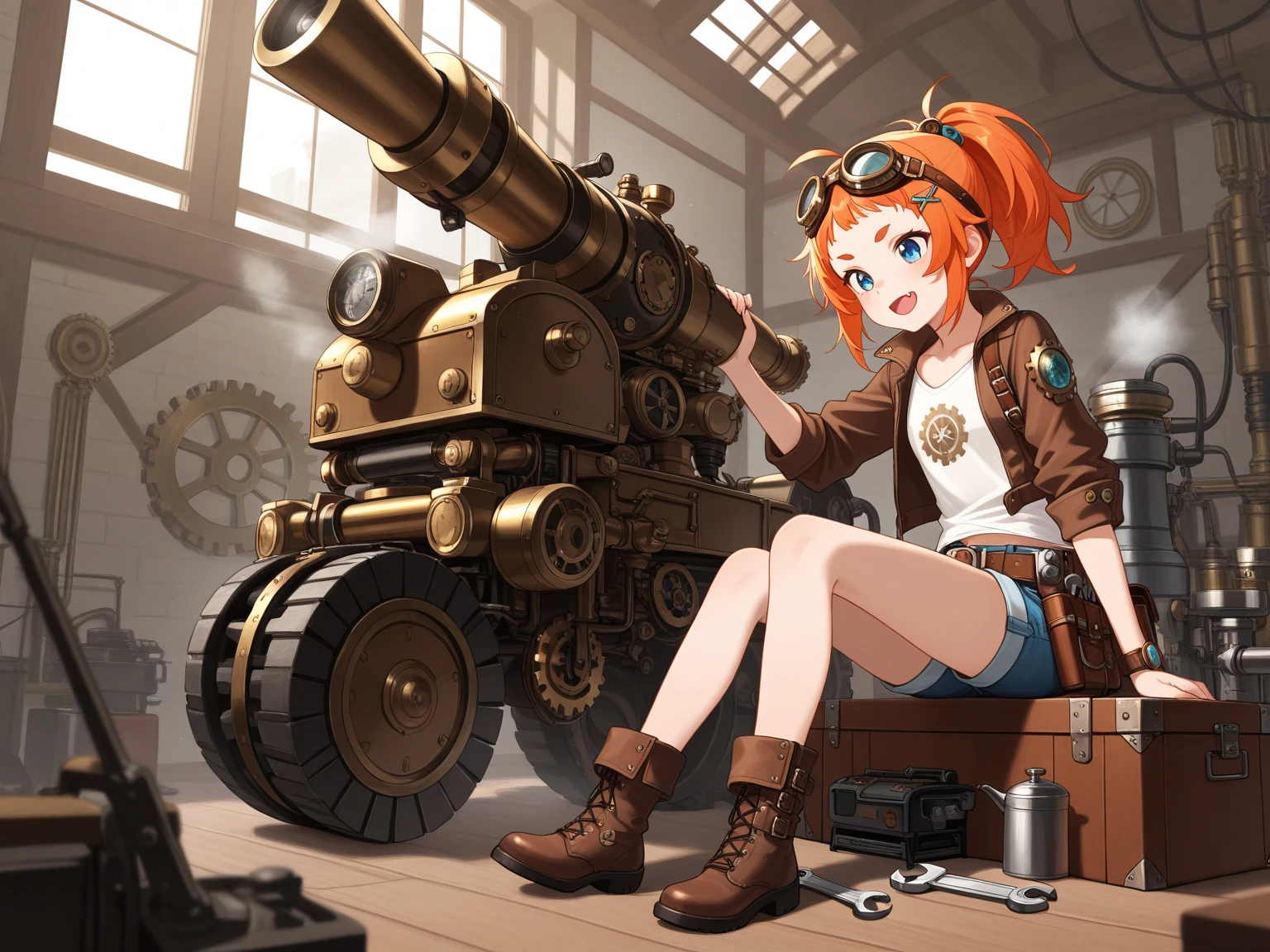 /imagine prompt: illustration of A beautiful brown little girl in the laboratory stroking the robot ,Brown haired little girl with long pig ears::10, Steampunk::12, robot::13, rule of thirds composition::8, tilt-shift::13, ultrawide shot::3, Unreal Engine::15, Top light::13, beautiful lighting::13, Cinematic light::12, Bold and bright::10, Dramatic::13, hyper quality::12, Steampunk cityscape::14 --seed 3245345455 --s 400 --q 2 --c 40