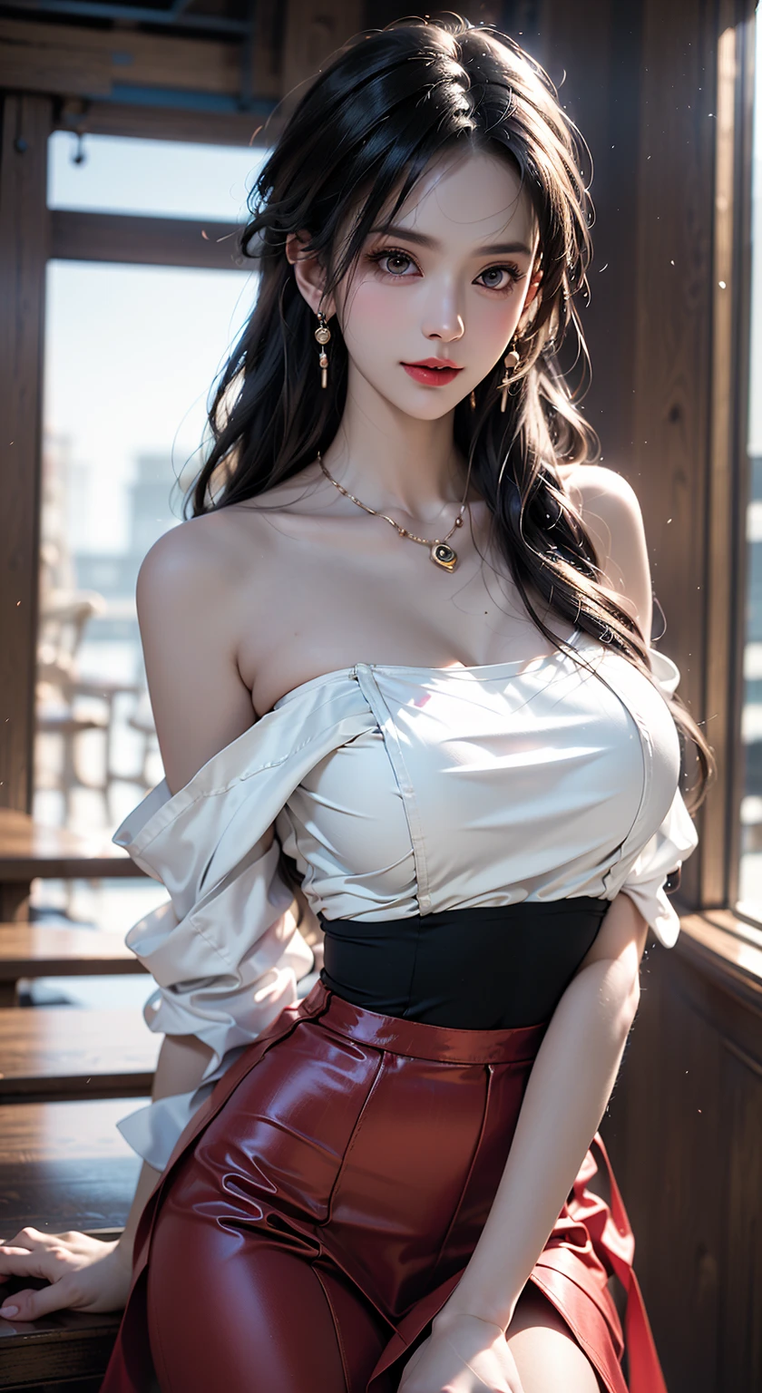 Bishōjo college student, masterpiece, light makeup, red lips, red hair, messy long hair, pure background, beautiful, elegant. Ultra fine details, masterpieces, realistic texture, cinematic lighting realism, perfect work, 8k, high-definition, exquisite facial features, black shirt, black buttocks skirt, and exquisite curves