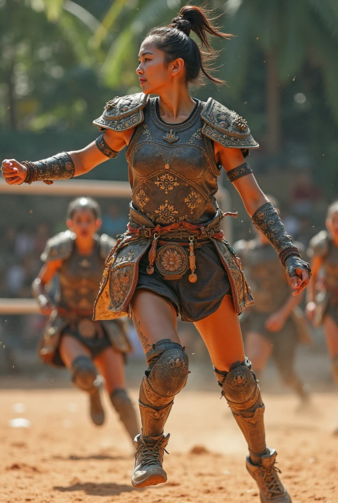 (medium full shot) of (heroic gladiator) young woman, japanese, tan skin, light brown eyes, Medium build, hazel hair, secutor, wearing Short tunic, smooth helmet, arm guard on right arm, wide leather belt, bronze greaves, thick-soled sandals, holding a gladius sword and a large rectangular shield, set in ancient rome era, in a bustling arena, with crowded bleachers, a giant scoreboard, and a central floor alive with action and excitement, woman smiling, ,Masterpiece,best quality, photo, realistic, very aesthetic, detailed face,