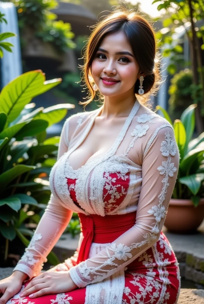(8k, RAW photos, top quality, masterpiece: 1.2), (realistic, photorealistic: 1.37), (High Quality), (Ultra realistic), (High Detailace detail), (Shadow Detail), Original Photo, Mature, Film Lighting, (big breast : 1.7), (wide hips : 1.5), big butt, 1 girl, black hair, brown eyes, eyeliner, eyeshadow, blush, red lips, white kebaya, stand, red high heels, smile