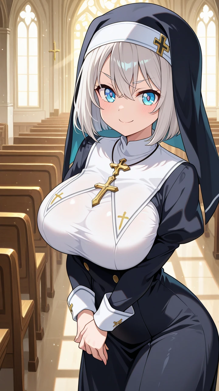 score_9, score_6_up, source_anime, 1girl, solo, church, sitting, marine_nun, habit, blue dress, underboob, breast curtains, pelvic curtain, garter belt, white thighhighs, own hands together, red eyes, yellow eyes, smile<lora:senchouXL-05:1>