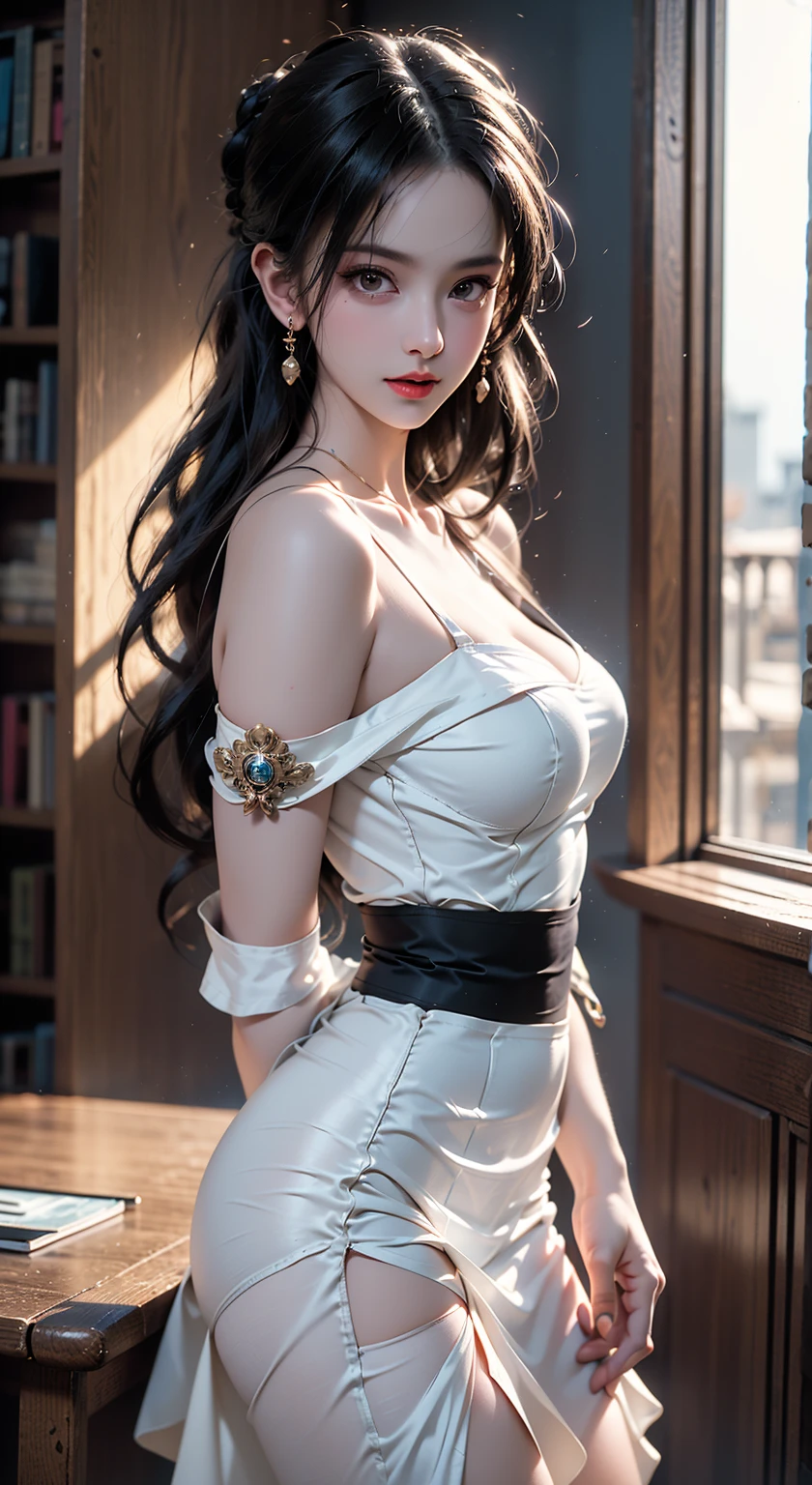 ((high quality, 8K, masterpiece: 1.3, Ultra HD, high quality, 最high quality, High resolution, realism)), ((bare shoulders)), ((perfect breasts)), ((the skirt is short)), ((sexy long legs)), ((whole body)), realistic, fashion girl, red lips, A 22-year-old extremely beautiful asian woman, exquisite makeup, big eyes, beautiful, (best quality, masterpiece:1.2), very detailed, (realistic:1.37), ((random scene, random shooting angle)), Background blur((depth of field)), young and energetic, Attractive models, stretched pose,struggling in the net, very short sheer skirt, (delicate eyes, delicate lips), Show me a bright smile, warm colors, Very high saturation, very detailed CG, (movie atmosphere),(soft colors), (natural skin texture, ultra-realistic, soft light, sharp),(very detailed), in an old library.