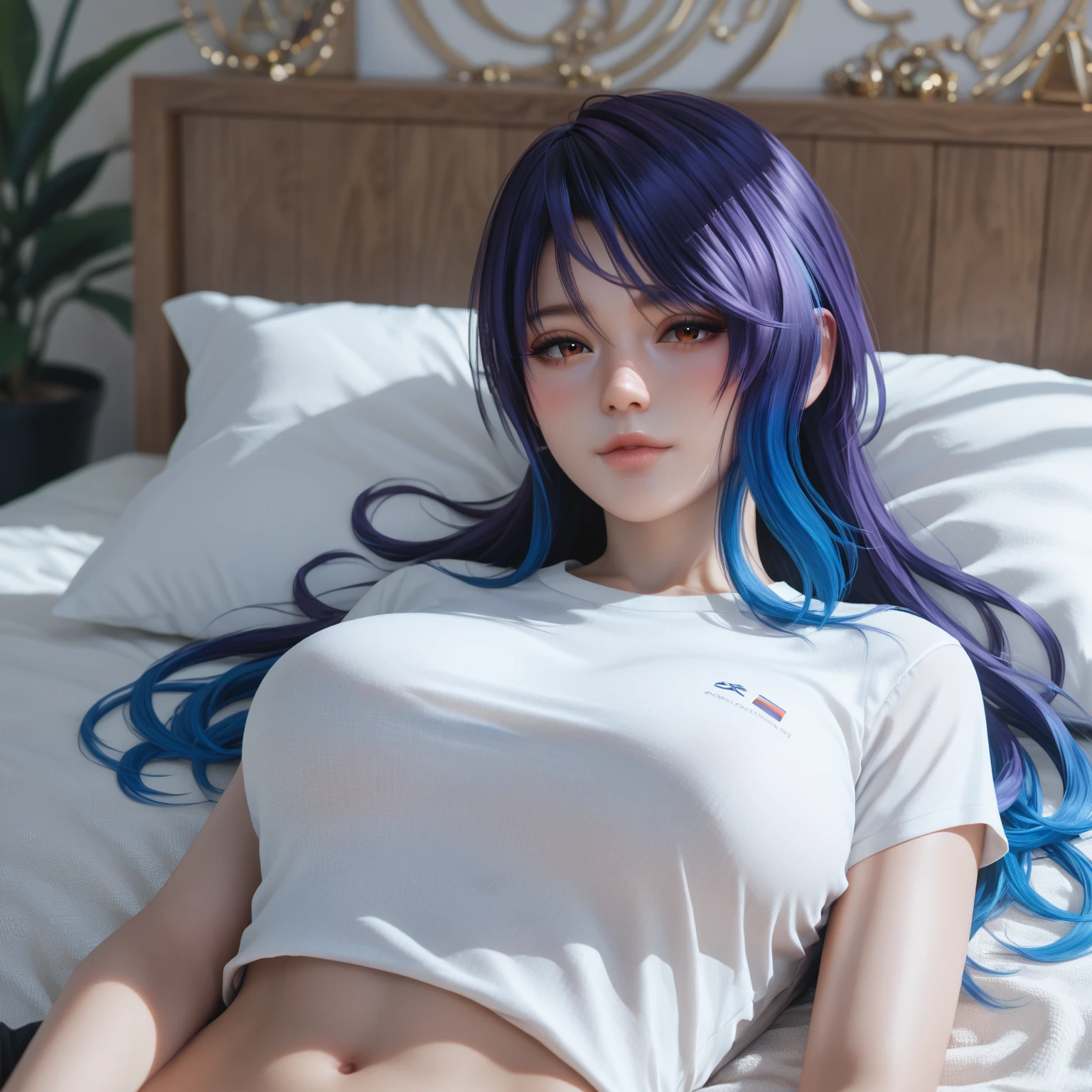 best quality, masterpiece, high_resolution, 1girl, , shenhe (genshin impact), standing, looking at viewer, big breast, embarassed, futanari, nude_shirt
