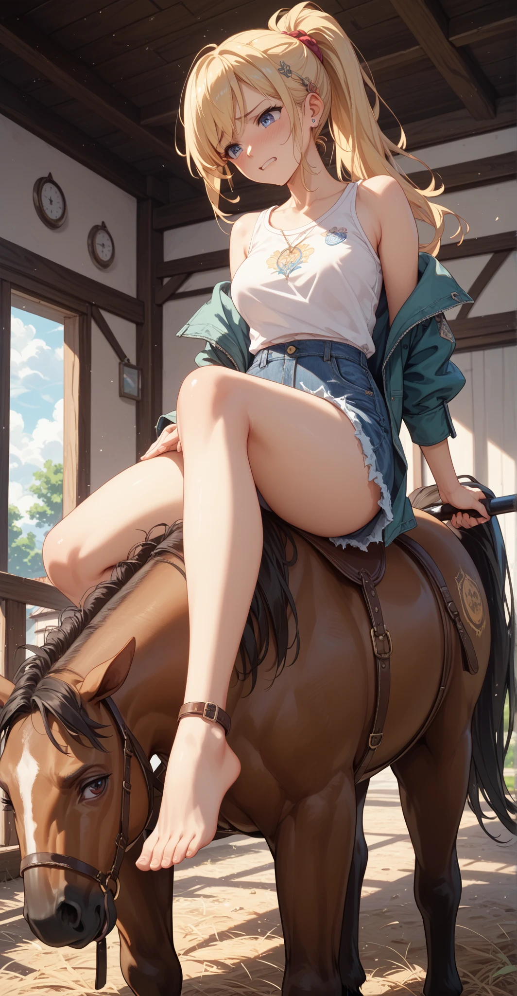 Little girl on top,Looking down,from below,White light panties,sitting on a swing,Crotch view,bottom angles,Mocking expressions,Smiling,White light bandeau,Large angle upward view