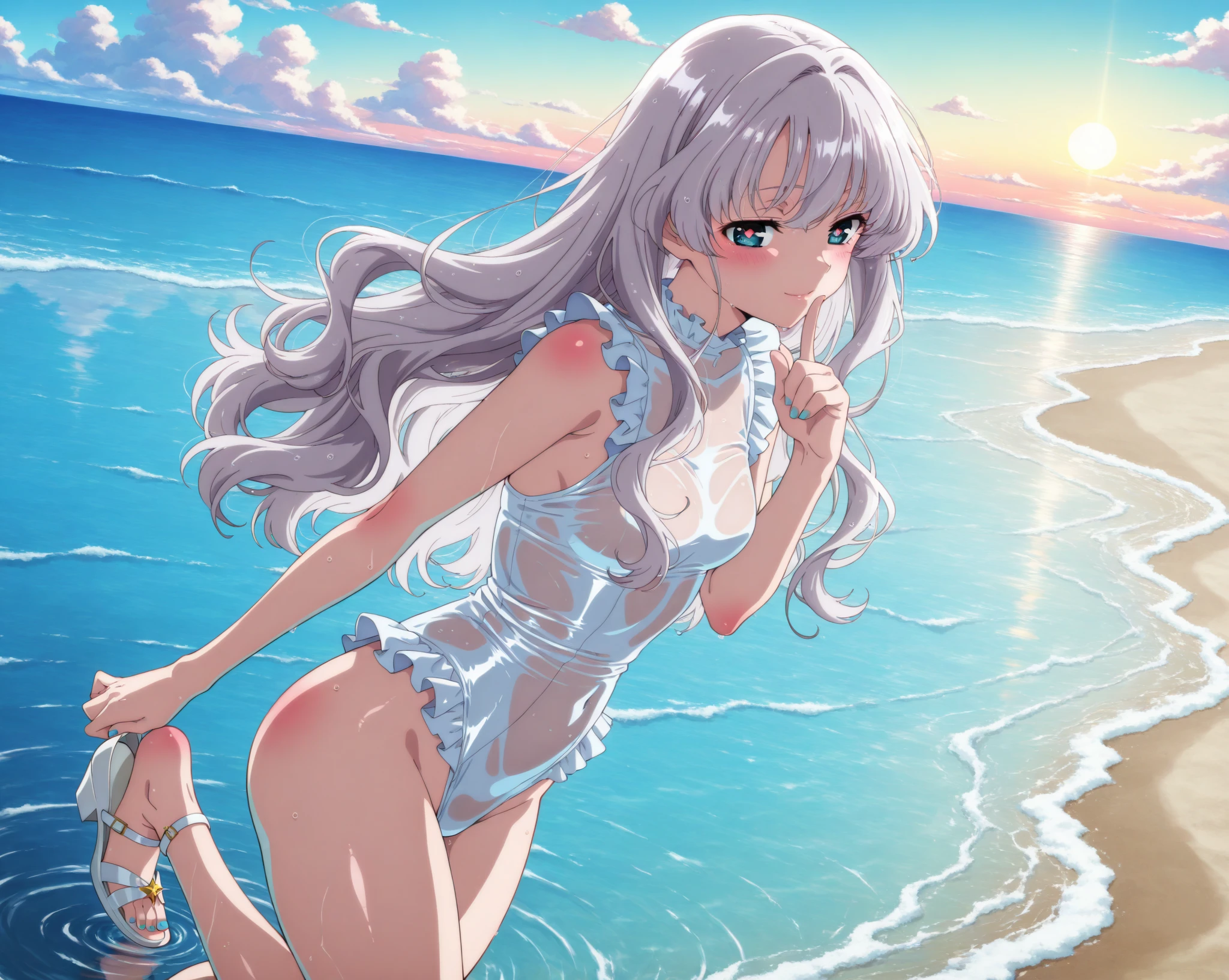 Girls Anime, Beautiful woman, Hair blowing in the wind, Beach Background, Detailed light, White skin, Woman in swimsuit, straw hat, Ocean, bikini, Ocean辺, Sitting