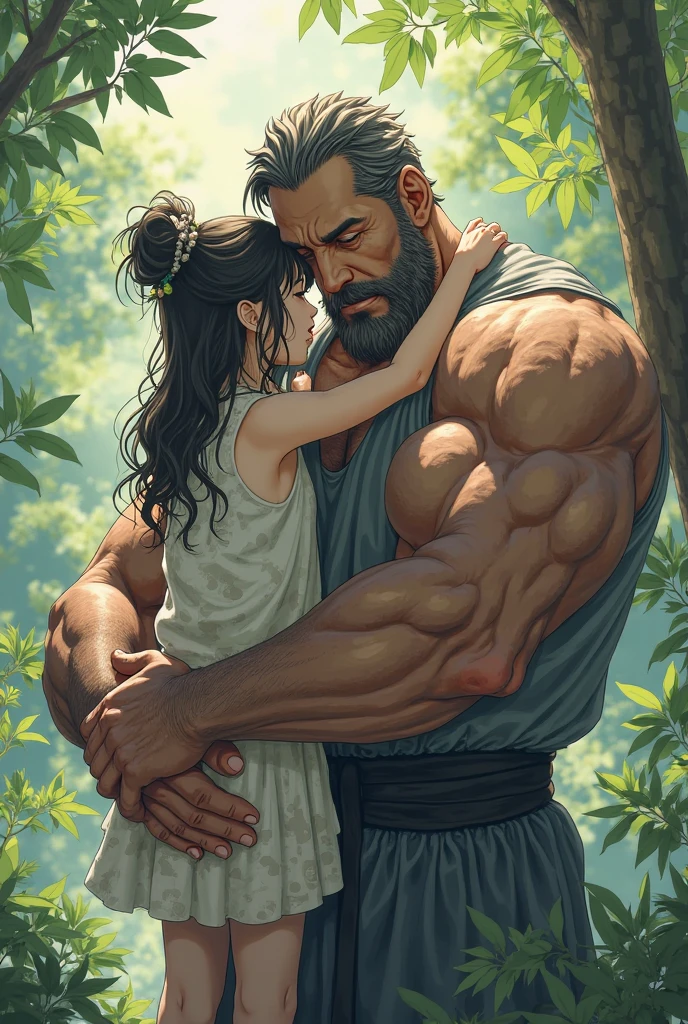 A muscular man with dark skin is holding a handsome unconscious teenager. , petite , has short black hair and porcelain skin