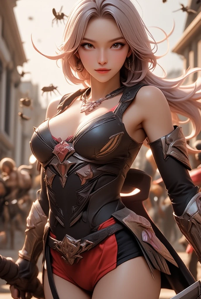 a close up of a girl,pink hair, holding a gun, big , shadowbringers cinematic, 4 k detail fantasy, a beautiful fantasy empress, game cg, xianxia fantasy, xianxia hero, 2. 5 d cgi anime fantasy artwork, cinematic goddess close shot, ruan jia and artgerm, wow 4 k detail fantasy, hyperdetailed fantasy character, verry big breasts