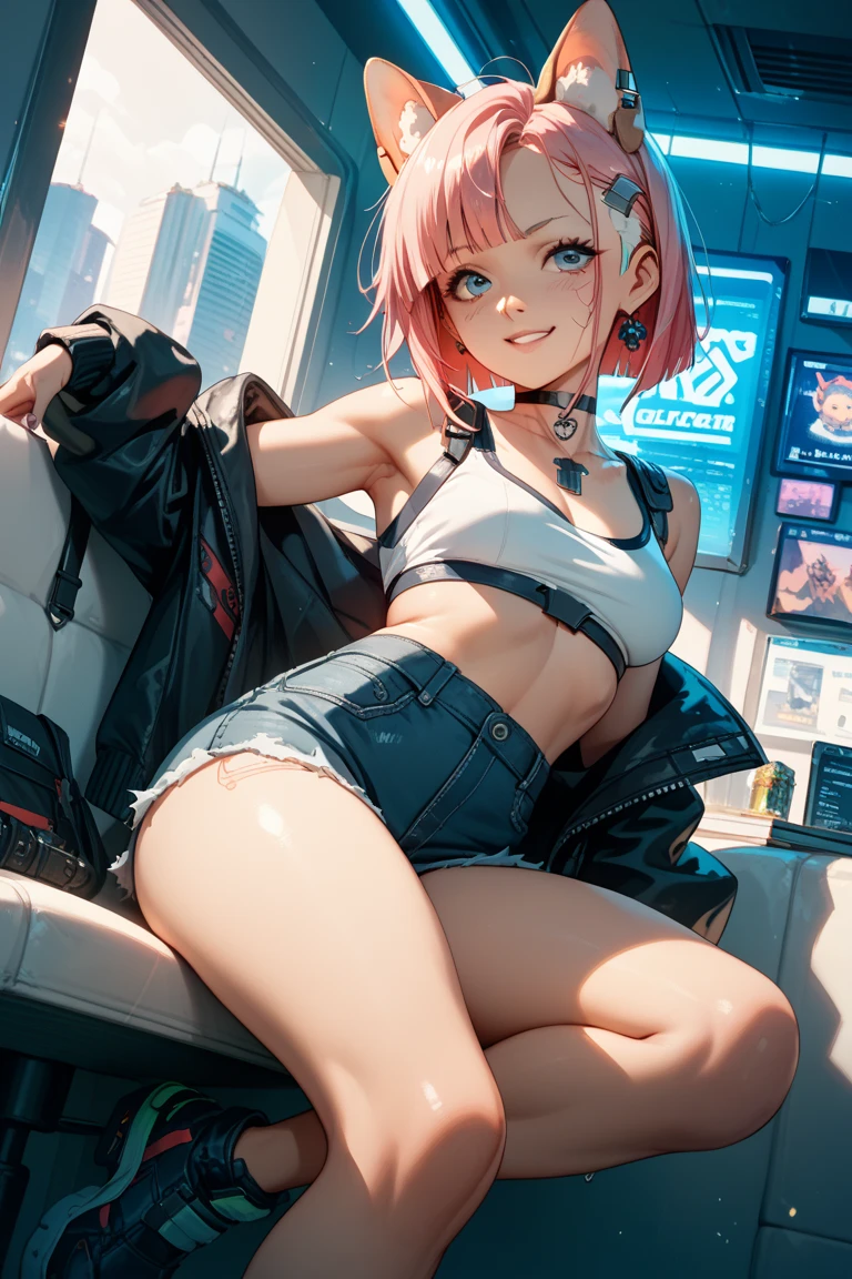 cute woman, tech wear, sitting in old-school sofa, retro plaid sofa, 70's atmoshphere, neon technologic outfit, glowing effects, crazy colors, great color palete,virgin destroyer sweater, sideboob, underboob, white panties, white thighhighs,retro interiors, interior design,