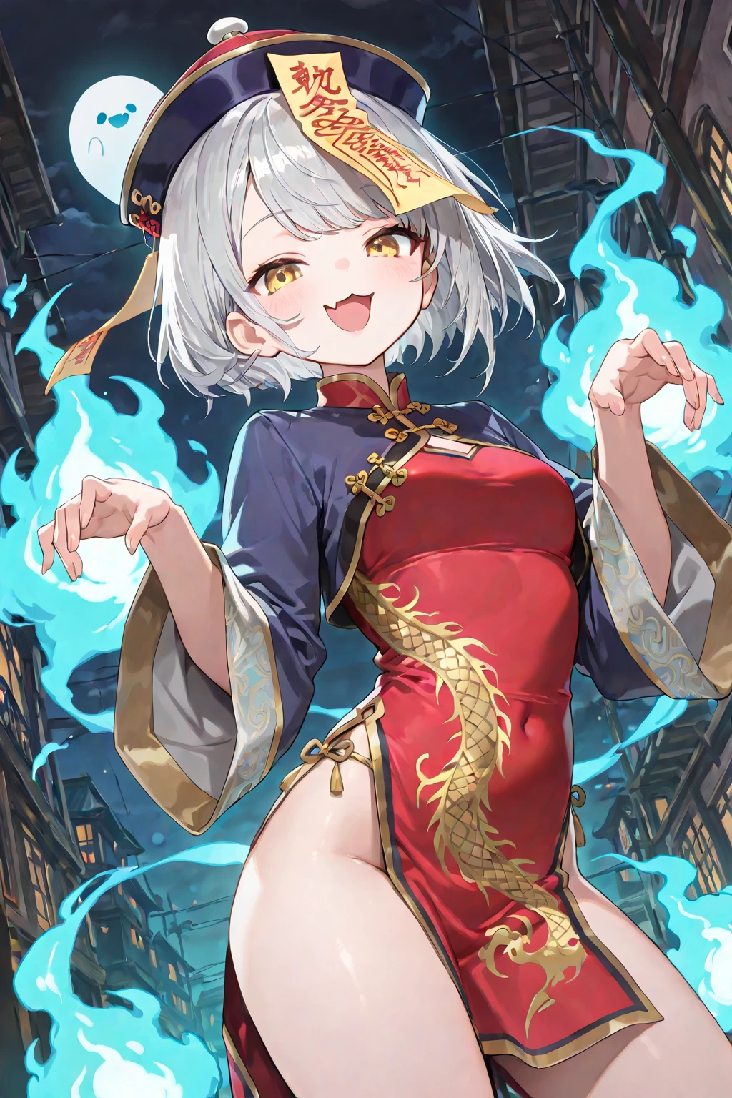 (Masterpiece), (Top Quality Anime Illustration), (Super Definition), One Girl, Solo, Beautiful Girl with Silver Hair, Anime Loli, Cat Ear Loli, Pale Color Peach See-Through Cheongsam, Short Cheongsam, Sleeveless, Smile, Cleavage Enhancement, Lower Breast Emphasis, Thighs, Tarot Card Style