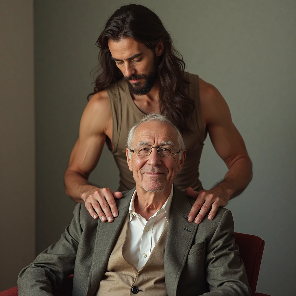 2 men surrounded by lots of old men , one old 60's year old with a gray beard in a suit looking down smiling, the other man is very hairy and naked and erect and being groped and muscular and embarrassed andbig beard and short hair , in an conference room surrounded by old men, perfect anatomy