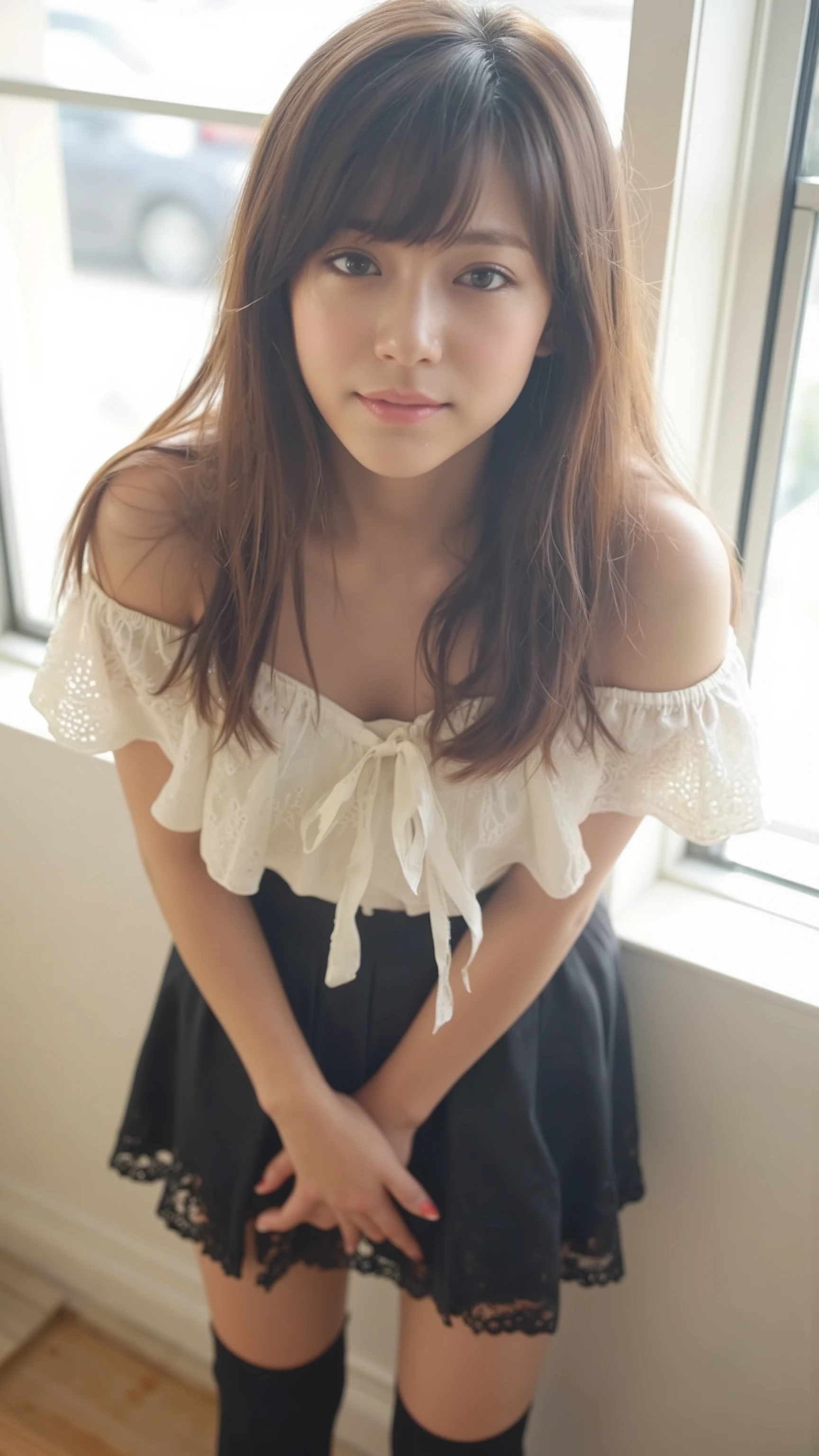 ((highest quality)), ((masterpiece)), (become familiar with), perfect face, , realistic, photo realistic, highly detailed face、Amateur girl with a plain face,、A little plump、 18 ~ Random age between 35 years, (skirt lift), ((skirt lift by myself)), black lace panties , panties focus, blush:2.0,half open mouth、 parted lips, embarrassed look、looking at the viewer , half body shot , wearing an off-shoulder shirt , ,Random hairstyles for short hair or updo、