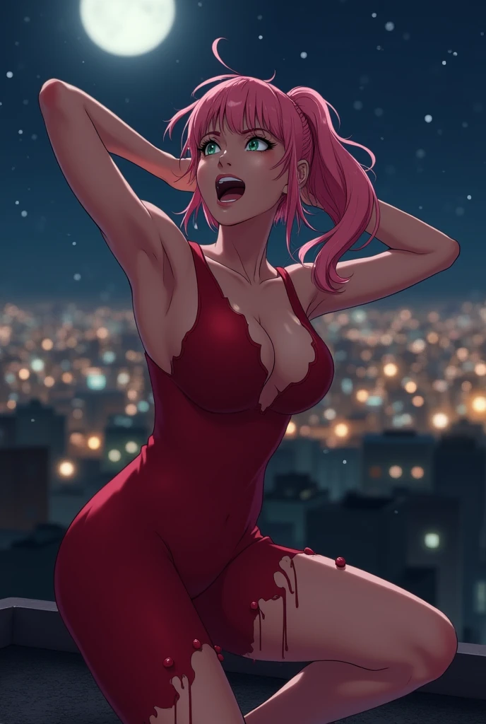 (nsfw:1.2), (Loose Dress:1.6 ), (Red deep plunge neck dress:1.4), (Sideless:1.2), Purple Bob Cut, High leg long dress, oboro, One girl, Focus Only, Exquisite luxury rooms, window, Cyberpunk City,rain, night, City lights, View your viewers, Grin, Blunt bangs, eye shadow, Low Ponytail, lipstick, compensate, Detailed beautiful face, Detailed beautiful Purple eyes, Bare shoulders, Large Breasts, Cleavage, Thighs,necklace