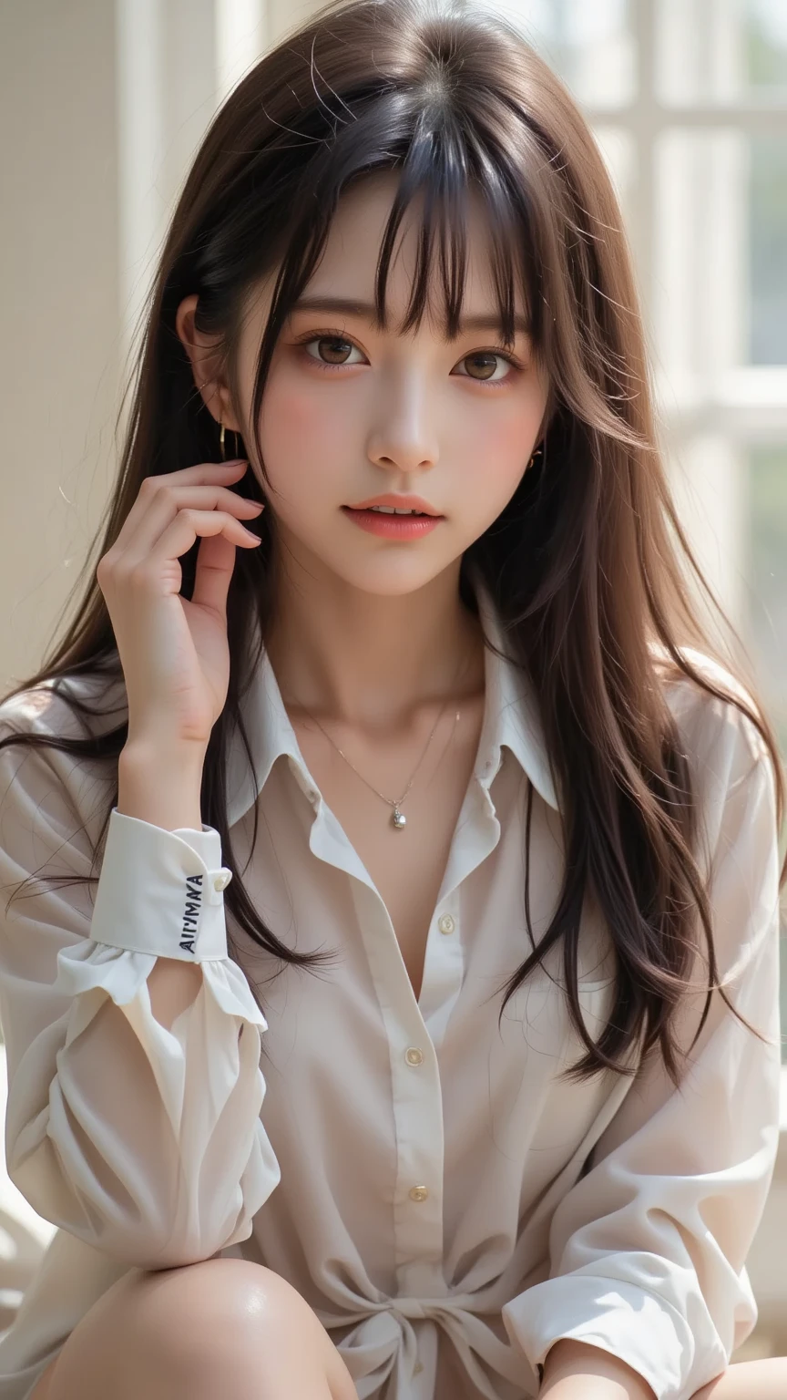 whole body, Pause, (Side view:0.9), (Professional Lighting, Light on the face), 1 girl, cute, Perfect body, View Viewer, (Highly detailed eyes and face, Beautifully detailed nose, Beautiful fine details), (Beautiful knees, White thighs), Japanese high school girl, (classroom, Wooden desk and wooden chair), ((school uniform, black pleated skirt,White Shirt)), 18-year-old, (ロングヘアBlack Hair, ), black eye, Black Hair,With a wink of the eye