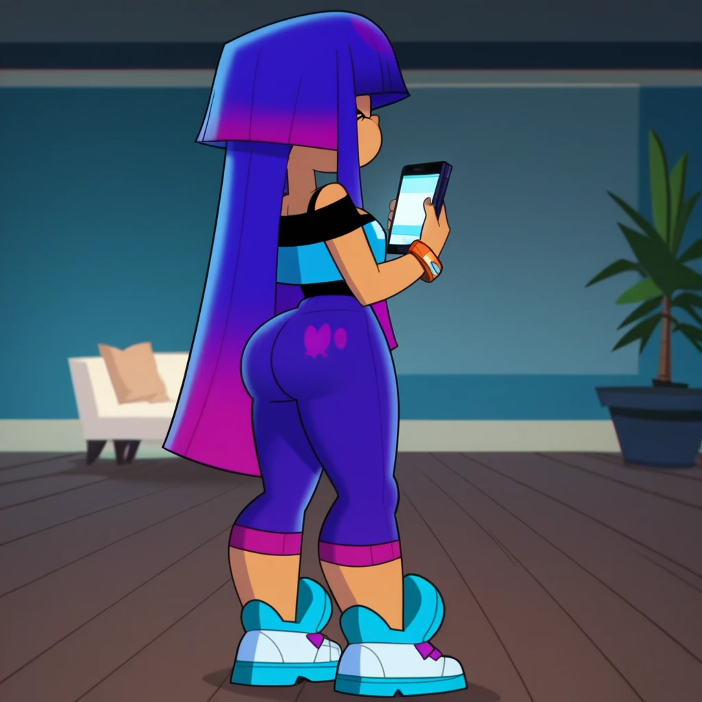Upper body portrait, Floating, (nicki minaj, black woman, hairband, blunt bangs, (mole under eye:0.7), extra long and thick luxurious braided hair with cerise highlights), freckled skin, huge breasts, (wearing massive blue and yellow college bomber jacket with tight anime logo t-shirt and mauve plaid miniskirt), (knee high socks), smiling and seductive, (blowing a gigantic bubblegum bubble from the front her lips), (indoor neon lit arcade with arcade cabinets), ((bodybuilder)), giving seductive look to viewer, (several air hoses connected to her thighs and arms and back from air canister in room), (rubber vinyl seams down centers of exposed arms and legs)