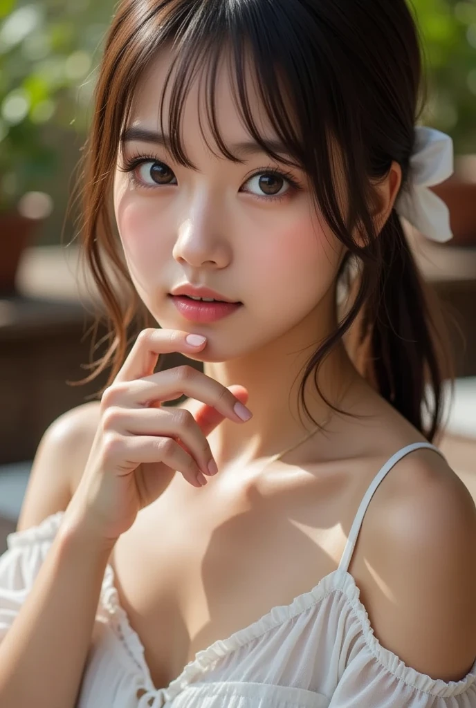 (Realistic, Photorealistic: 1.37), (Masterpiece, Best Quality: 1.2), (Ultra High Resolution: 1.2), (RAW Photo: 1.2), (Sharp Focus: 1.3), (Face Focus: 1.2), (Ultra Detailed CG Unified 8k Wallpaper: 1.2), (Beautiful Skin: 1.2), (pale Skin: 1.3), (Hyper Sharp Focus: 1.5), (Ultra Sharp Focus: 1.5), ( Beautiful pretty face: 1.3), (super detailed background, detail background: 1.3), bokeh, depth of field, break, very cute and beautiful Japan pictures of women, (sexy model), professional attire, (38 years old: 1.1), portrait of a girl with a bright smile, upper body image, When viewed from the front, the composition is symmetrical, (Studio lighting: 1.3), (Cinematic lights: 1.3), ( backlight: 1.3), dim lighting, lighting that covers the whole body, looking straight at you, from side, sexy model pose, break, (mahogany pony-tail thin hair: 1.2), dark brown eyes, beautiful eyes, princess eyes, ((mahogany hair:1.3)), single hair, bangs, Hair between eyes, Long hair, (voluptuous:1.47, curby), (medium-largec-breast;1.37, sagging breasts:1.17, cleavage:1.37), (thin waist: 1.05), (detailed beautiful girl: 1.4), (Chest squeezed together, View viewer, (pink bikini:1.3, floral printed bikini:1.3)), Solo, Parted lips, Red lips, (shiny skin), sweat, (detailed track and field background:1.2), (Dishonest laughter, light seductive smile:1.15), ((Perfect Female Body)), (Upper Body Image:1.3), Frame Head, Perfect Anatomy, Perfect Proportions, 8.5 Life-Size, Face Focus, Ultra Realistic Photo, Hyper Sharp Image, Hyper Detail Image,