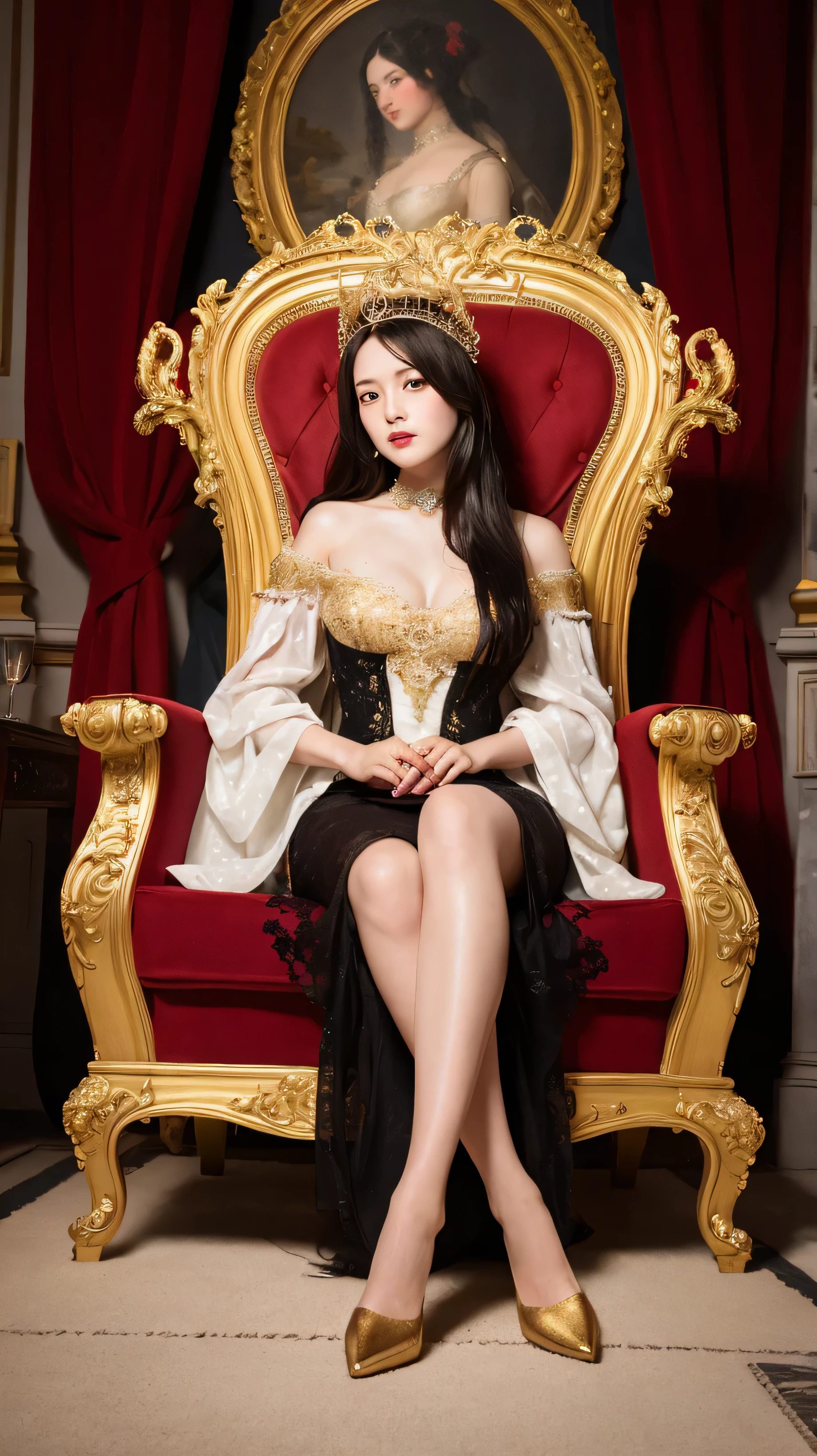 queen mistress, black long hair, haughty look, 3/4 photography, black crown with gold and rubies