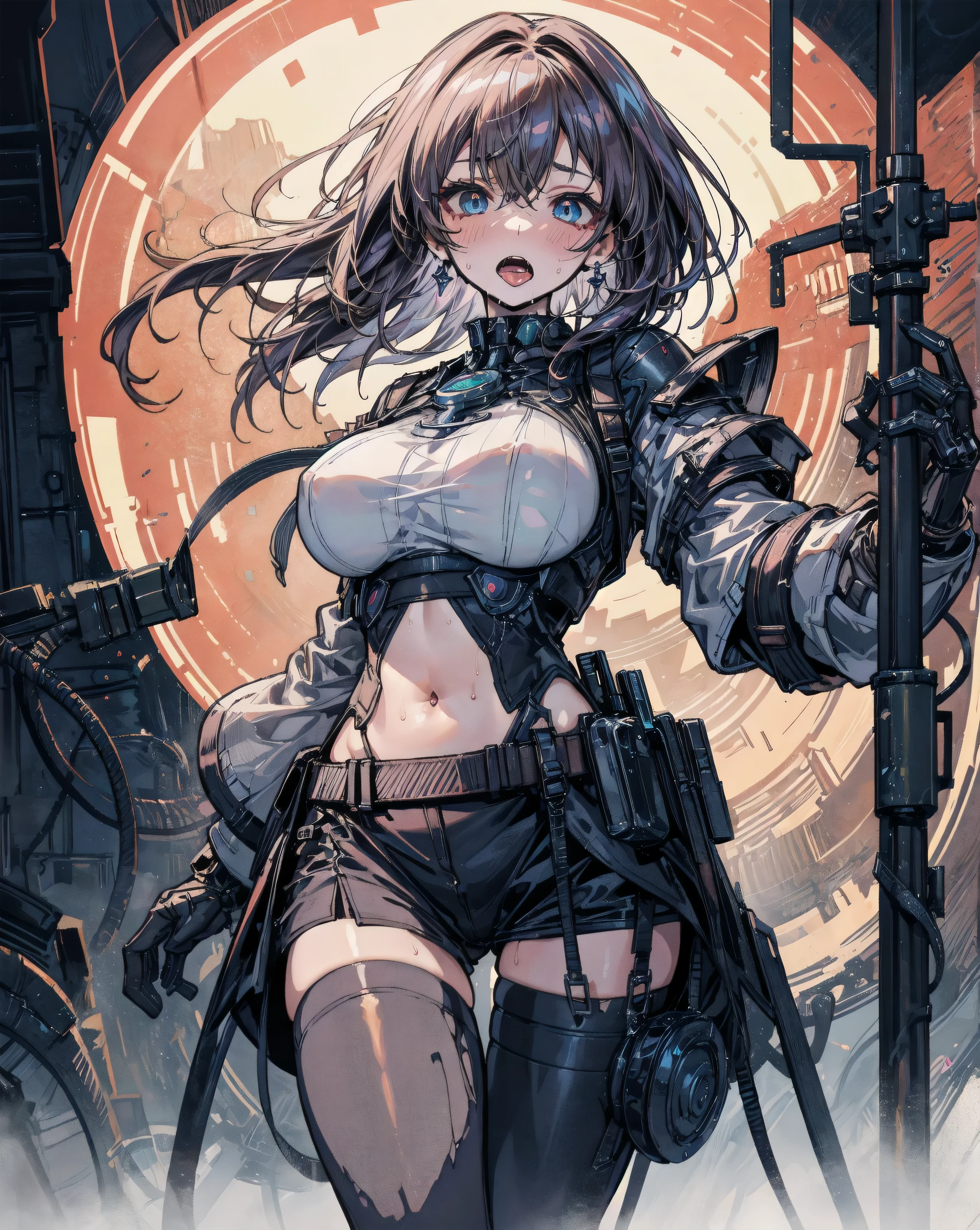 detailed description, high quality, Precise human body structure, Accurate2Book Arm, Accurate5本の指, black cat beauty, 30 years old, erotic, Cat ear, Huge overflowing breasts, bangs, black hair, short hair, blue eyes, Shiny black bondage, belt, chain, toned muscular body, Tucked underwear,