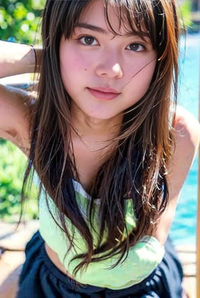 "Generate an image of a charming 16-year-old filipino girl swimming in a lake:
- She has a V-shaped face with plump, rosy cheeks
- her hair is tied in a long french braid with a few strands and bangs framing the face.
- her smile is bright and beautiful, with teeth slightly biting her lips
- She is wearing a white flowy dress (like a fae)
- The background is a only clear sky, cloudless sky, in a small forest setting.
- The selfie is taken with a slight tilt, showcasing her playful personality
Create an image that is vibrant, detailed, and captures the girl's energetic, innocence and carefree spirit!