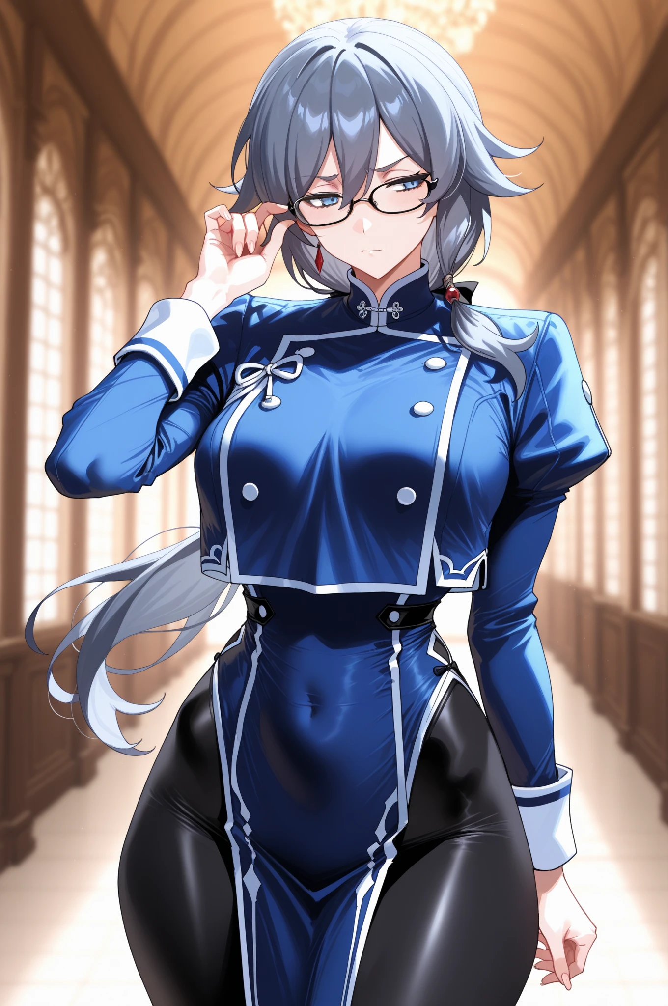 oculos no rosto,melhor qualidade,roupa azul,juri han,solo, masterpiece, best quality, agrias, grey sweater, black leotard, standing, looking at viewer, short hair,oculos,evil smile, evil look,luvas preta,roupa azul,yandere rosto,low lighting,coxa sarada copo detalhado,olhando para frente juri han,bela