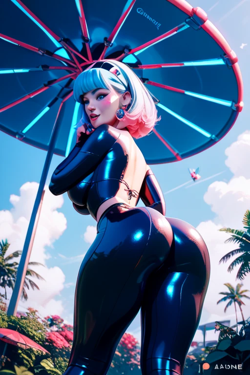 bimbo, 20 years old, platform boots, perfect fake boobs, tattoos, latex dress, slutty, outside at night, in city