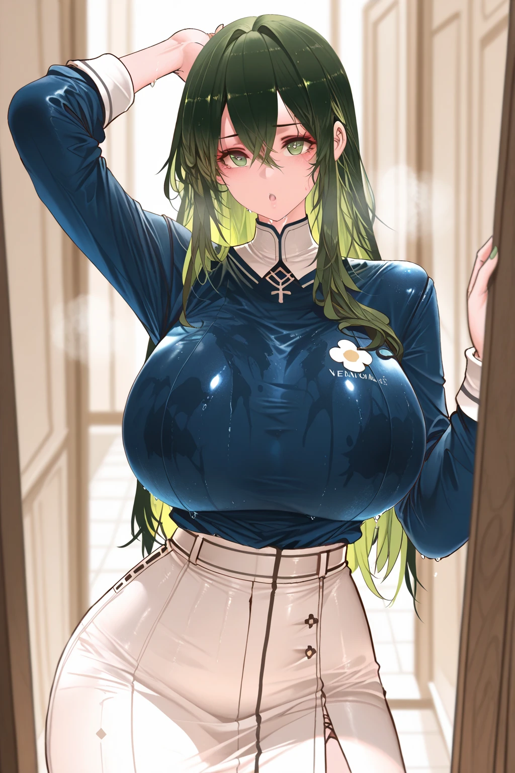 masterpiece, best quality, ultra-detailed, 1girl, crotchless pants, crotchless, pussy, yellow tee, Mion Sonozaki, green hair, green eyes, ponytail, clothes around waist, jeans