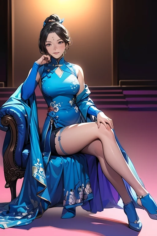 Masterpiece, Superb Product, 1 Woman, Blue Clothes, Blue Cheongsam, Full Body Photo, Antique Chinese, White Cloth Bun Bun, Black Hair, Leaky Shoulders, Large Chest, Long Legs, Smile, Black Pantyhose, Pale Pink Lips, Embroidered Clothes, High Heels