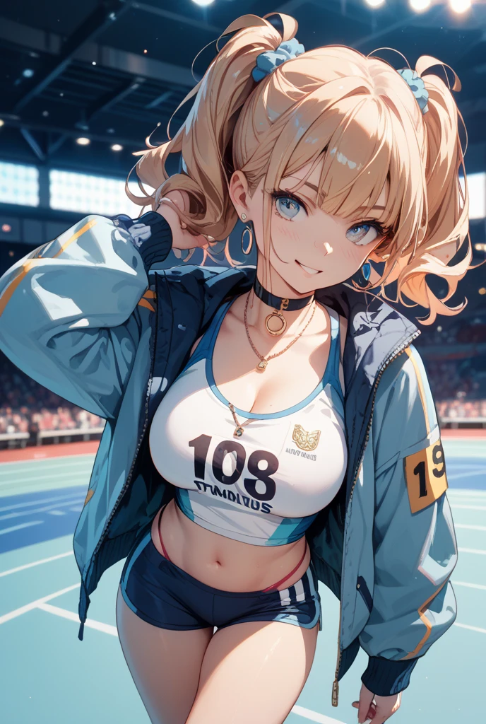 最high quality、best image quality、masterpiece、girl((20-year-old、 By becoming、vest bust、medium bust,wide open breast tea、shining eyes, blonde、long hair、thin,highest valley、ponytail、action of looking up、right arm bandage、Black and purple hoodie with a wide open chest、short belly sports pants、cool pose、holding a black smartphone、sweating、smile、forward leaning movement)),high quality、beautiful art、background((cyber sports gym))、Flight、debris flies、Depth of written boundary、movie、visual art、perfect art、8k,genuine、