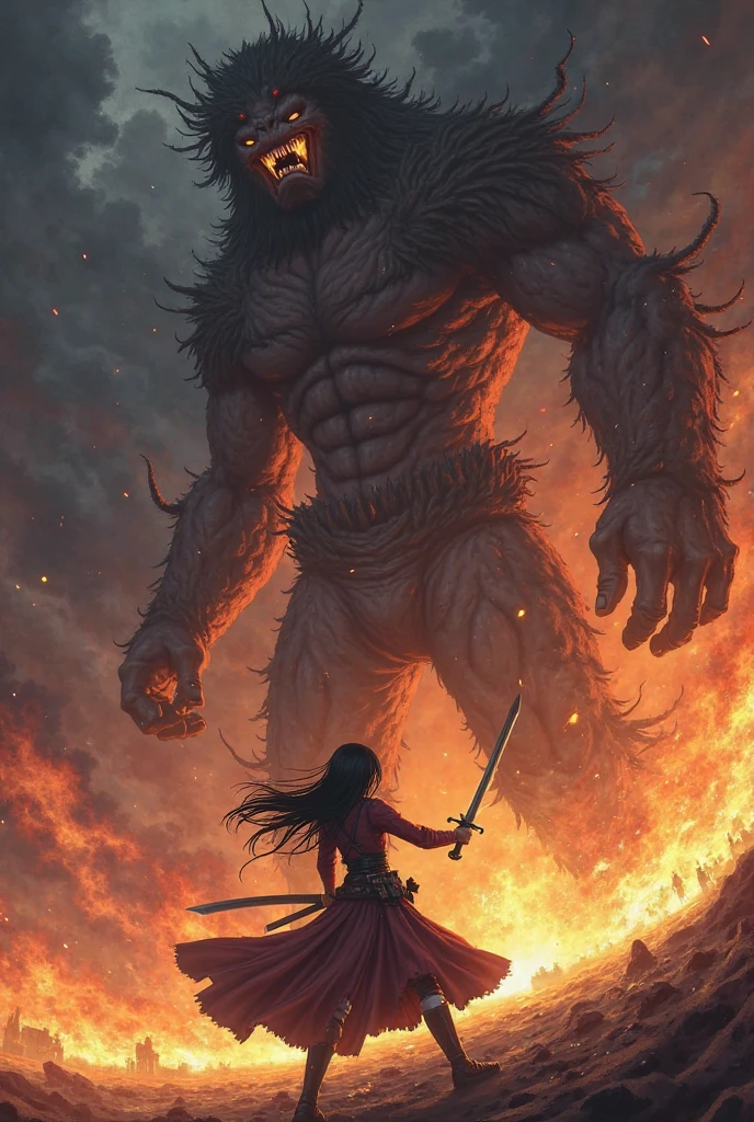 A  girl,65 meters tall anime version, only defeating a terrifying demon with a very sharp katana