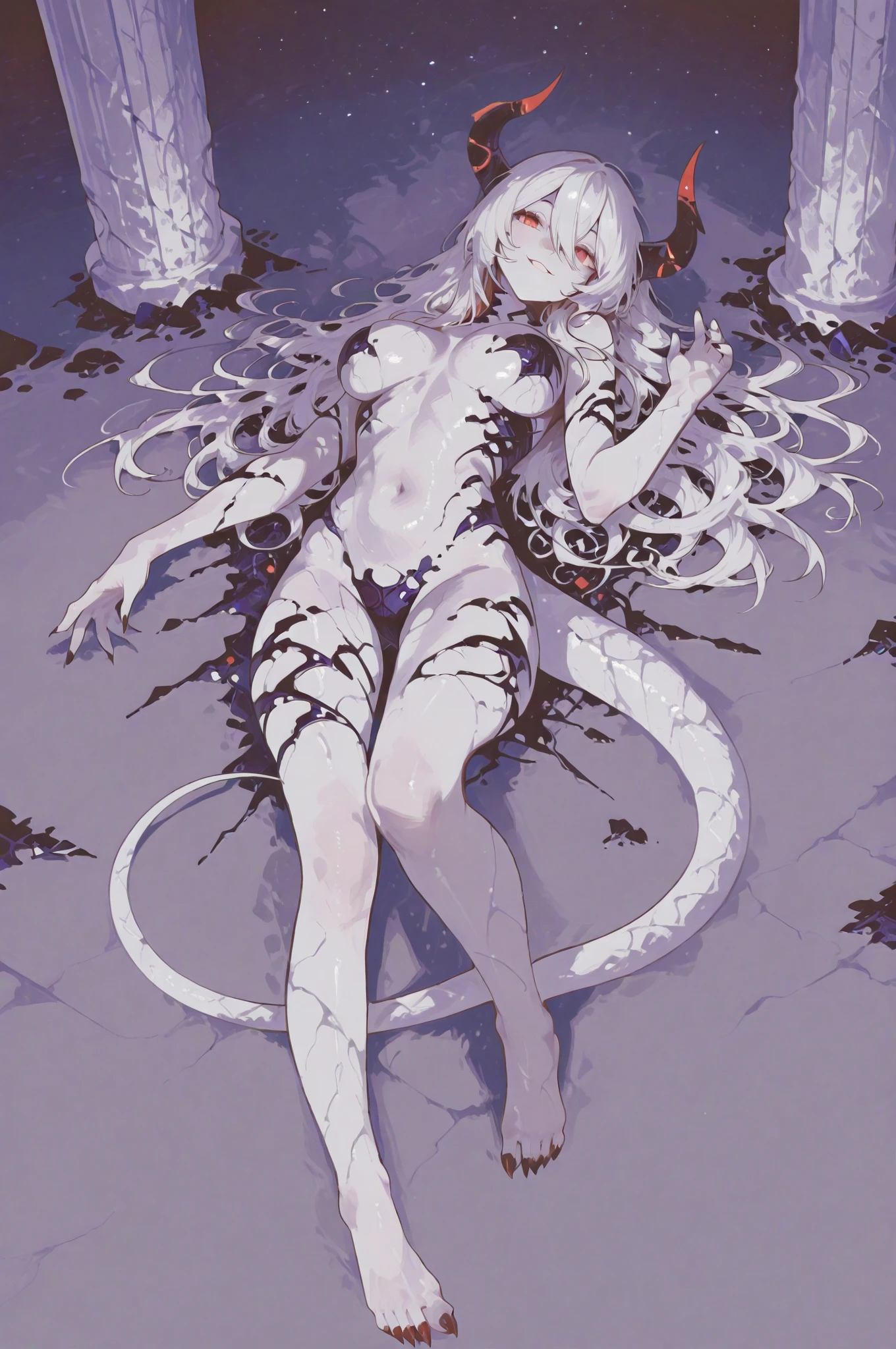 ((True best masterpiece, Ultimately perfect quality, Extremely delicate details)), ((Grotesque, Fleshy, Parasitism)), ((Wounds, Lacerations, Cysts, Tumors, Organs, Spines, Nodes, Mucus, Claws)), A slander girl, With small bust, With light gray hair, Wears worn out fabric, Was parasitized, Parasites, Tentacles