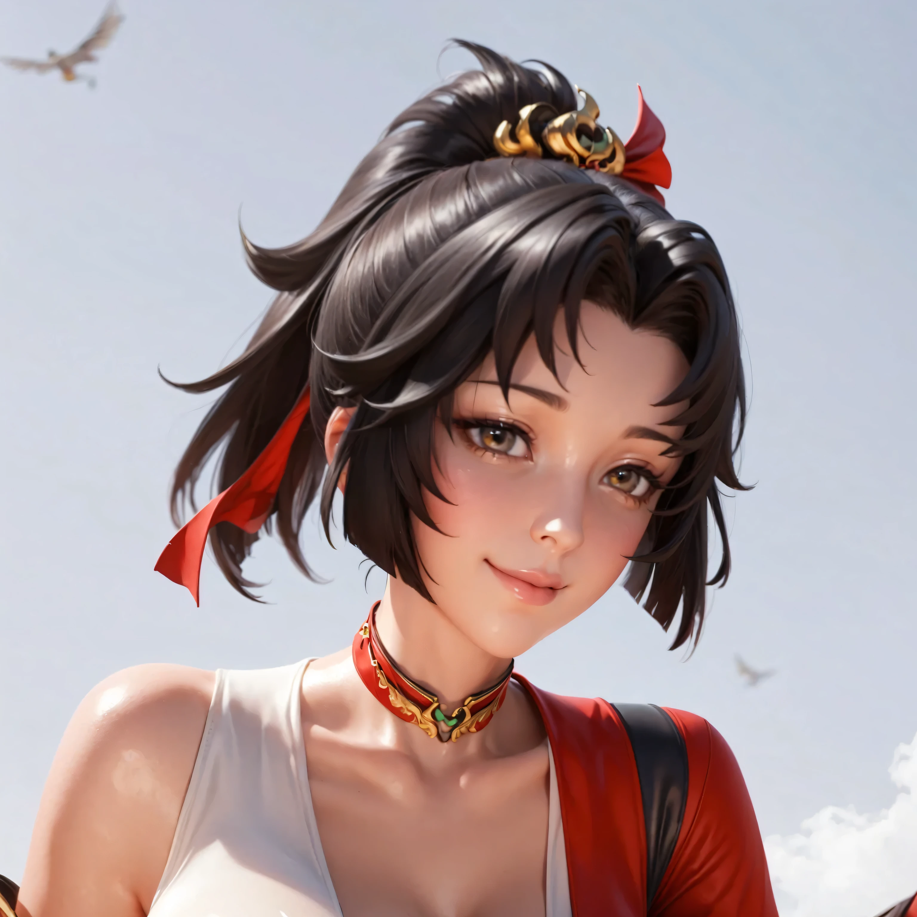 highres,best quality at best,masterpiece,quality,best quality,delicate facial features,look at the audience,there is light in the eyes,WZRYyunyingYP,(masterpiece),(best quality),masterwork,semrealistic,realistic,mature female,wide hips,fair_skin,shiny_skin,3d render,<lora:云缨yunying_ILV2-000016:0.9>,yunying,short hair with ponytail,black hair,red and white traditional outfit,red sleeves and shoulders,gold ornate patterns,black wide belt with gold decorations and red buttons,red and green necklace,hair accessory,red tassel accessory,thigh-high black boots with gold accents,seductive_smile,big breasts,(thick_thighs:1.1),horseback_riding,ancient battlefield,fuzzy battlefield,ink and wash,flying sand,luoye,a galloping horse,