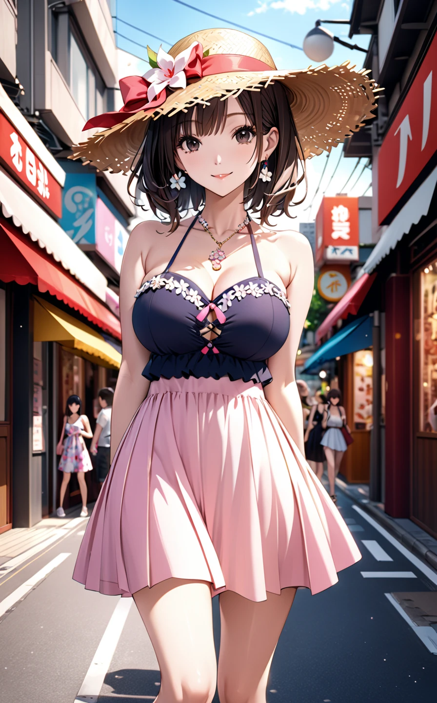best quality, 1girl, smile and purple colour dress, (skindentation), (huge breast:1.2), (blur background:0.6), in a crowded amusement park, (casual yet stylish, elegant cloth,floral dress:1.5 ), gorgeous, (short hair:1.5), soft lighting, wind, (front light:1.5), surprised, 