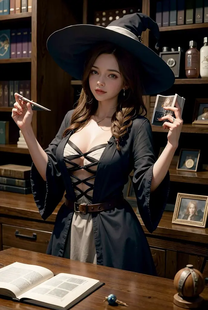 (masterpiece:1.2), (best quality:1.2), perfect eyes, perfect face, perfect lighting, 1girl, mature female wizard casting a dark spell in a library, staff, short hair, slick hair, mage_glam, robes, long sleeves, necklace, chains, straps, belts, stockings, garters, wizard hat, long nails, detailed background, makeup, eyeshadow, thick eyelashes, fantasy