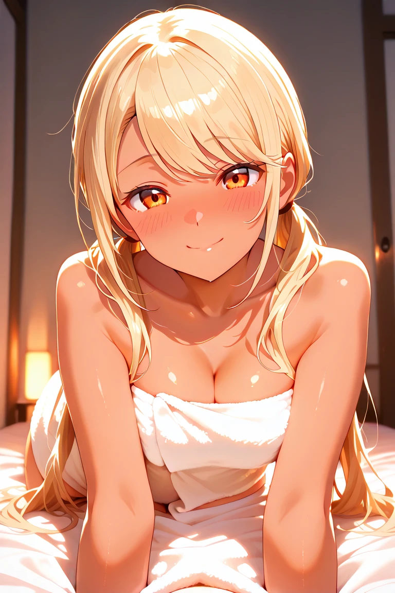 anime style, gem mark at forehead, shoulder-length blonde hair, light effect, soft, super clear, high-definition picture, (back), masterpiece, cinematic lighting, Tsunade hokage, orange eyes, blonde hair, 1girl, solo, looking at viewer, large breast, open shoulder, open chest, naked body, beer bottle holding, gala dinner, drunk, red face, laughing, spreading leg, showing pussy, inside pussy, doggy position, turn back