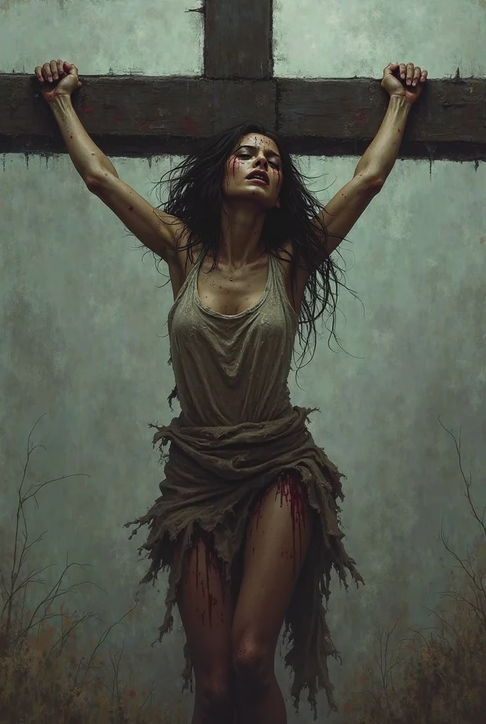 Full shot of a thin, wounded woman, with bruises, crucified. His hands nailed to the wooden cross.
